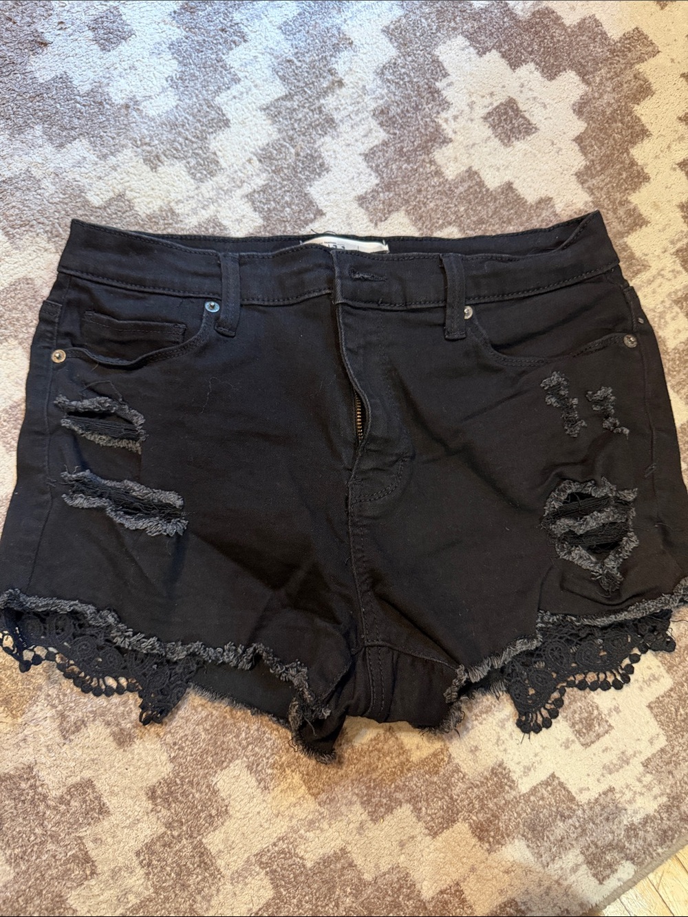 Mudd Black Distressed Lace-Trim Jean Shorts